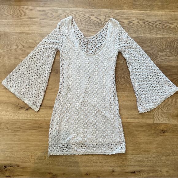 Free People Crochet Bell Sleeve Mini Dress in Cream - Picture 7 of 11